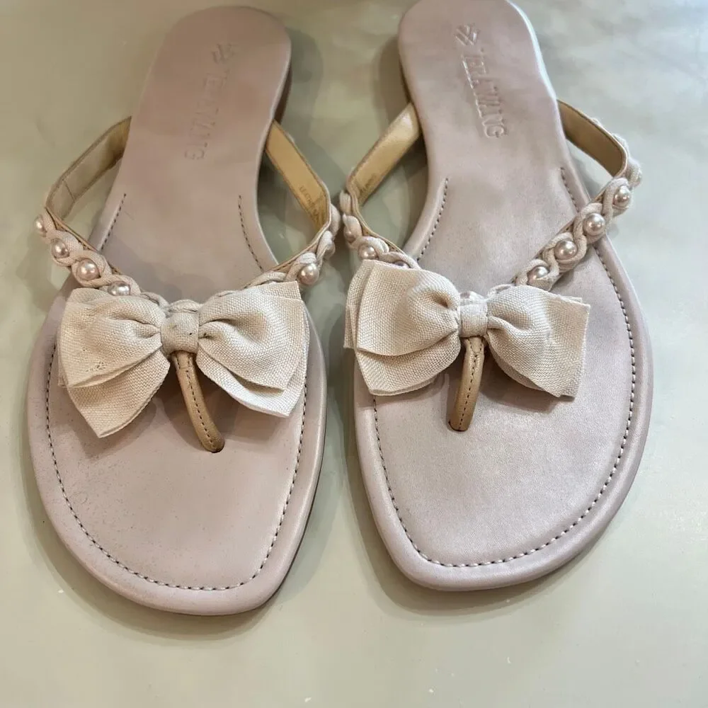 Vera Wang Women's Bow Faux Pearl Flip-flop T-strap Flat Sandals Beige Size 9